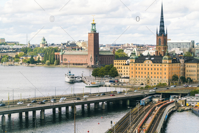 Sweden, Stockholm County, Stockholm - September 10, 2017: View of Stockholm from Sodermalm with Riddarholmen and city hall
