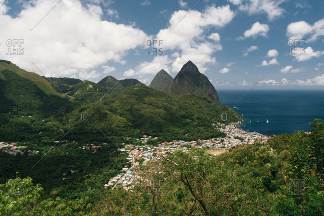 The town of Soufriere and the Pitons of Saint Lucia with Caribbean sea
