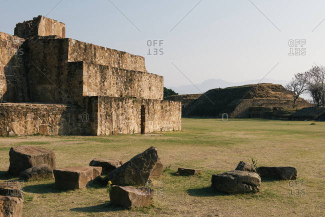 Monte Alban, Oax., Mexico - March 21, 2018: Large pyramid and building walls of Zapotec city of Monte Alban