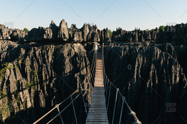 Crossing the rope suspension bridge above the Tsingy de Bemaraha