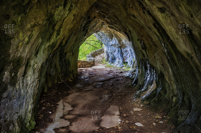 Croatia- Trail through small cavern in Plitvice Lakes National Park
