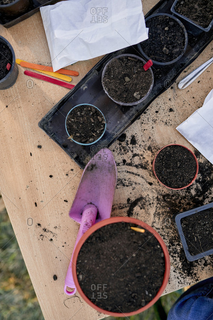Flowerpots with soil and gardening tools on table