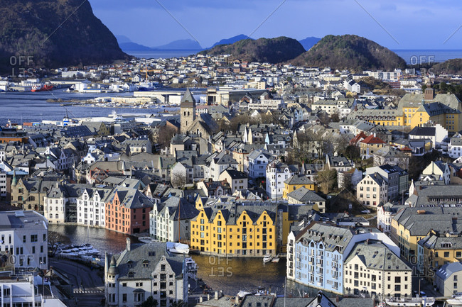 March 8, 2020: View from Aksla hill over Alesund, Art Nouveau buildings, mountains and sea in winter, Alesund, More og Romsdal, Norway, Scandinavia, Europe