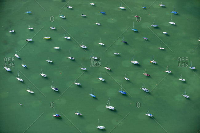 Germany- Baden Württemberg- Friedrichshafen- Lake Constance- Anchored sailboats- aerial view