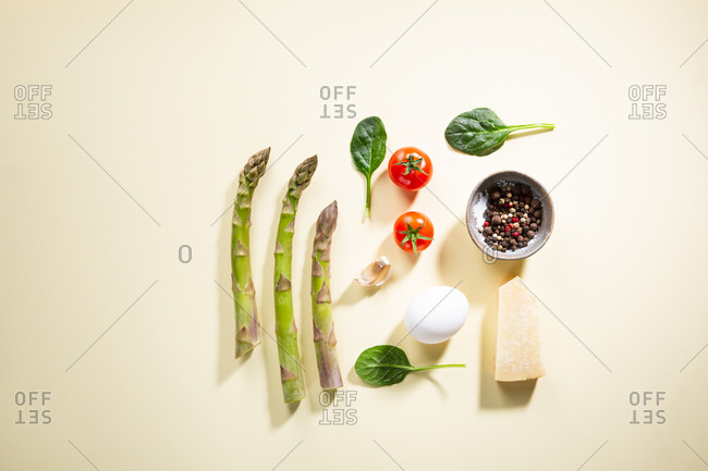 Overhead view of asparagus and egg