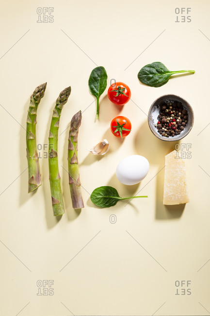 Overhead view of asparagus and egg, cooking concept