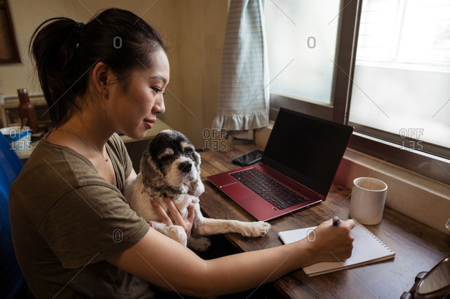 Side view of focused female freelancer sitting on chair taking notes on notepad while holding a dog working remotely from home