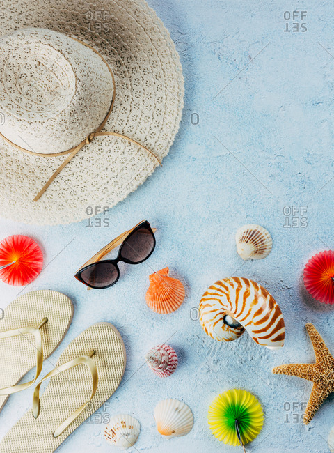 Top view of various seashells placed near colorful cocktail decorations and stylish summer accessories on blue plaster surface