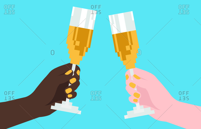 Two people toasting virtually with pixelated glasses