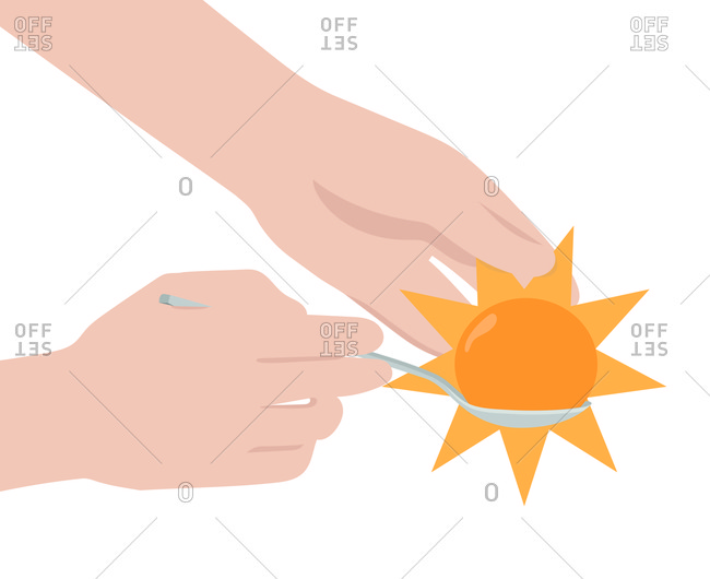 Hands holding a spoon with an egg that looks like the sun