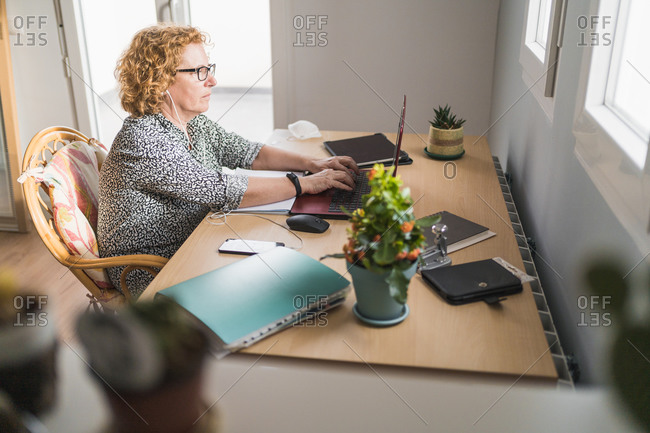 Side view of adult woman in casual clothes working on laptop in earphones at room decorated with cactuses in ceramic pots