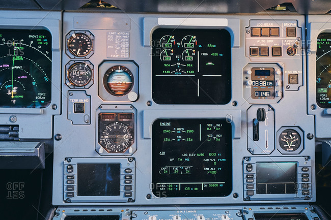Fire buttons on control panel in cockpit