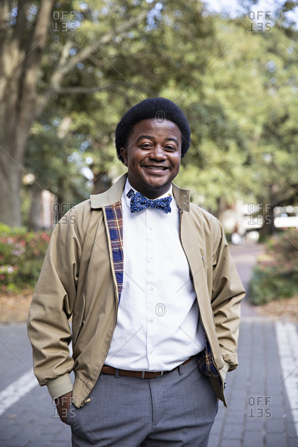 Savannah Georgia - March 7, 2019: Portrait of an African American man wearing a bowtie