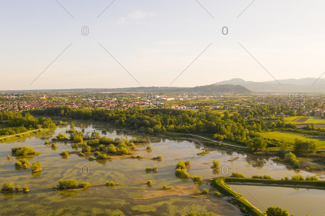 Aerial view of small wetland near Oresje settlement during sunset, Zagreb, Croatia.