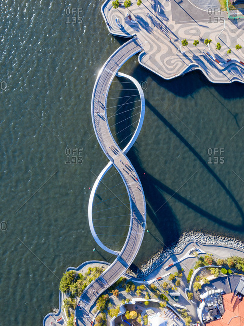 Aerial view of Elizabeth Quay Bridge that forms an eight in Perth, Western Australia, Australia