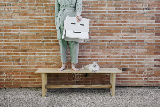 Woman standing on bench with cat in front of brick wall holding  cardboard box with sad face