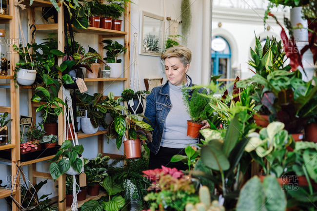 Proud owner with potted plants in plant nursery