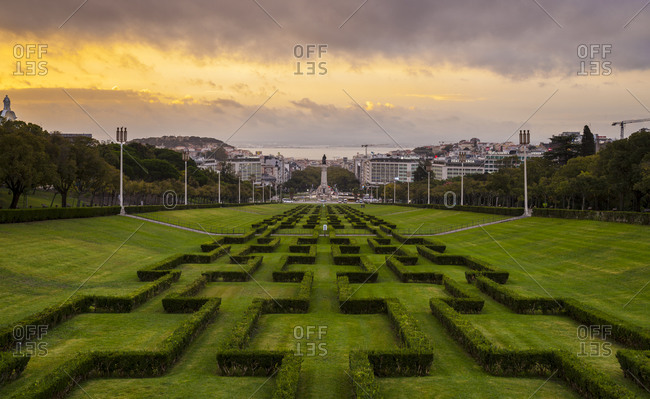 April 13, 2020: Parque Eduardo VII at sunset, Lisbon, Portugal