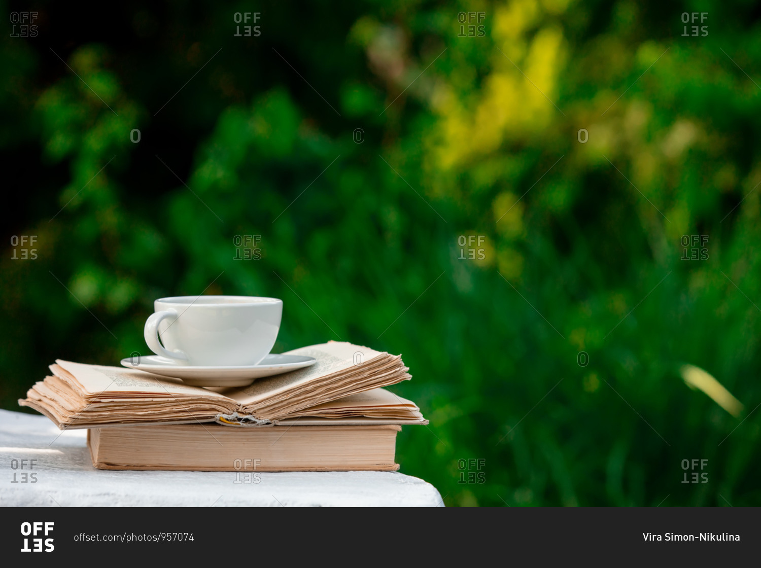 White cup of coffee and books on wooden background in a garden