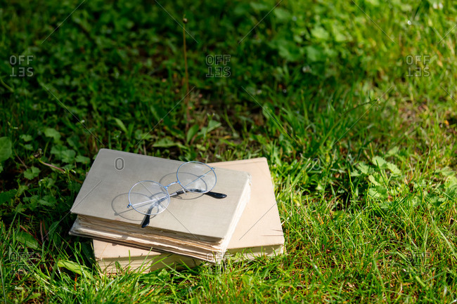 Vintage books and glasses on green grass in a spring time garden