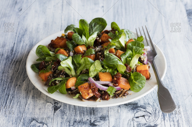 Plate of sweet potato salad with wild rice and corn salad