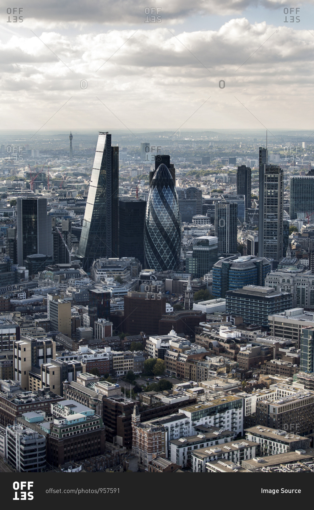 Aerial view of the Square Mile, the City of London financial center, with architectural landmarks.