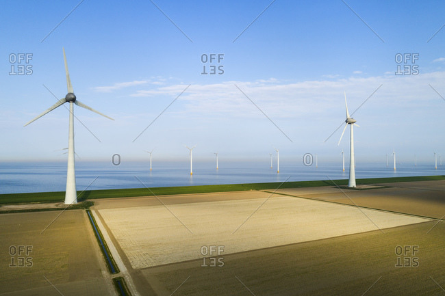View of fields and wind turbines early in the morning, Flevoland, The Netherlands.