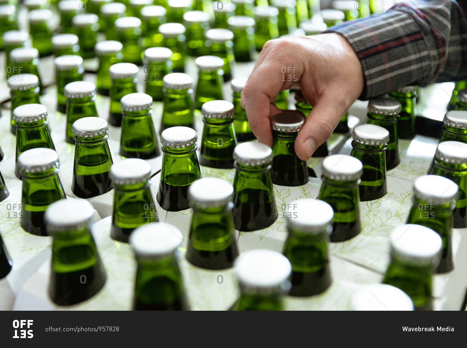Close up mid section view of a Caucasian man working in a microbrewery, checking green glass bottles of beer ready for delivery.
