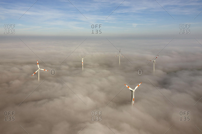 Aerial view, wind turbines sticking out from cloud cover, Kyffhaeuser district, Thuringia, Germany, Europe