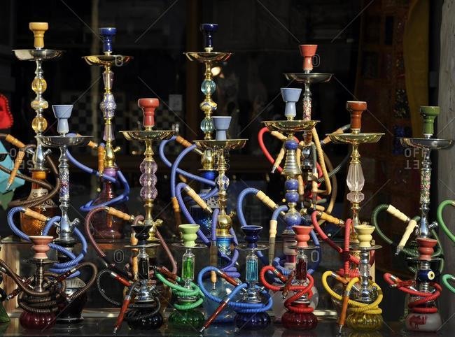 Water pipes, hookahs, for sale, Souq al Waqif, oldest souq or bazaar of Doha, Qatar, Persian Gulf, Middle East, Asia