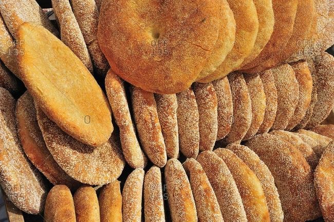 Freshly baked pita bread at a market in Morocco, Africa