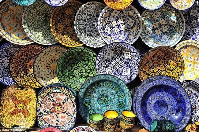 Colorful, painted ceramics plates, with traditional patterns and ornaments, Riff Mountains, Morocco, Africa