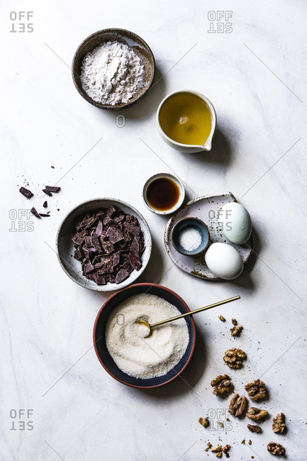 Ingredients for chocolate walnut brownies.