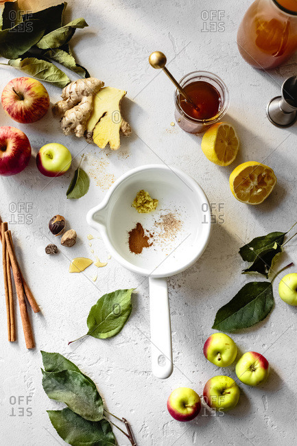 Ingredients for apple cider on a white textured background.