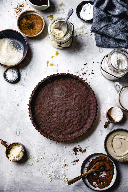 Chocolate tart crust with ingredients.