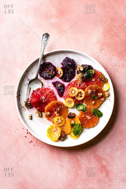 Citrus fruit salad with rosewater, dates, and walnuts.
