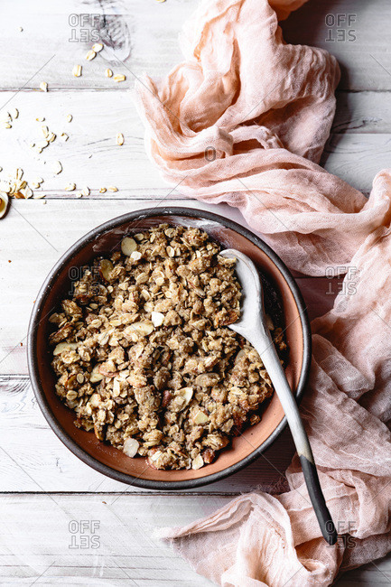 Ingredients in a bowl for a streusel dessert topping.