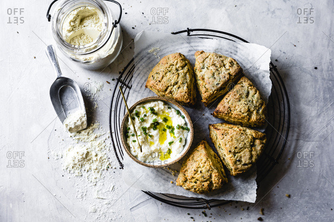 Herb and cheese scones with garlic dip.