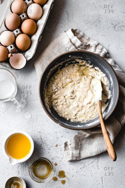 Overhead view of Pancake mixture in a bowl.