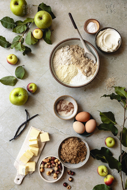 Overhead view of ingredients for apple cake.