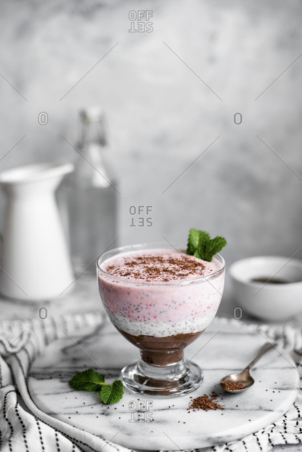 Neapolitan Chia Pudding With Mint Garnish