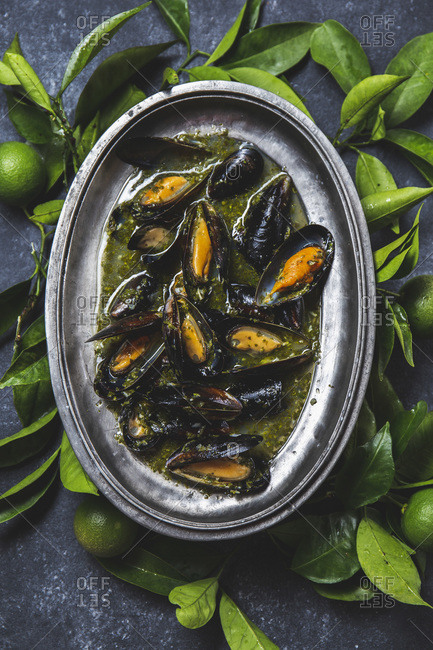 Mussels in green herb and white wine sauce with lemon on dark background.