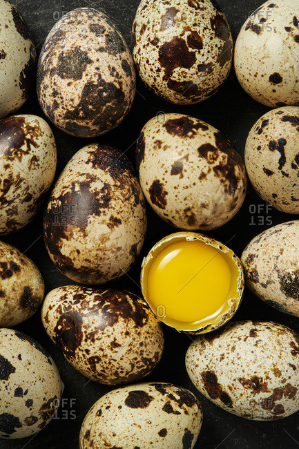 Macro image of quail eggs on a dark, rustic surface with one cracked open to show raw yolk.