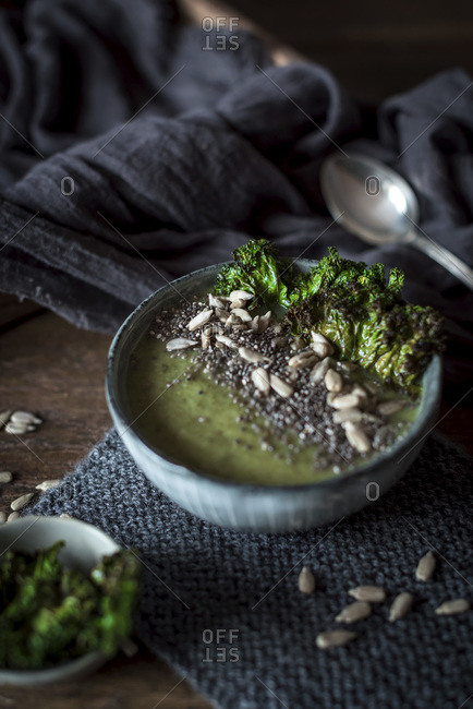 Broccoli soup in a rustic kitchen