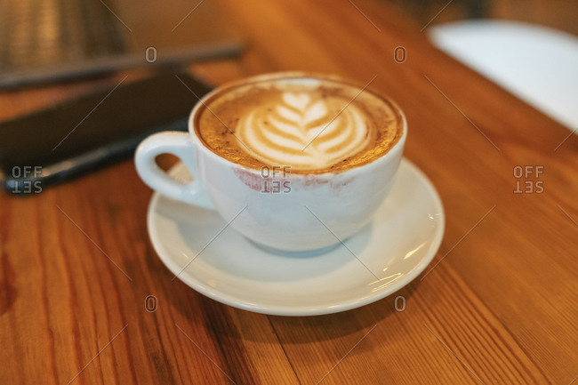 Top View Coffee Cup Set Which Consist Latte Art Capuchino Stock