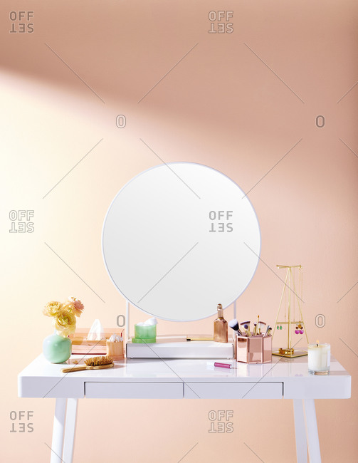 White Makeup Vanity with Beauty Products