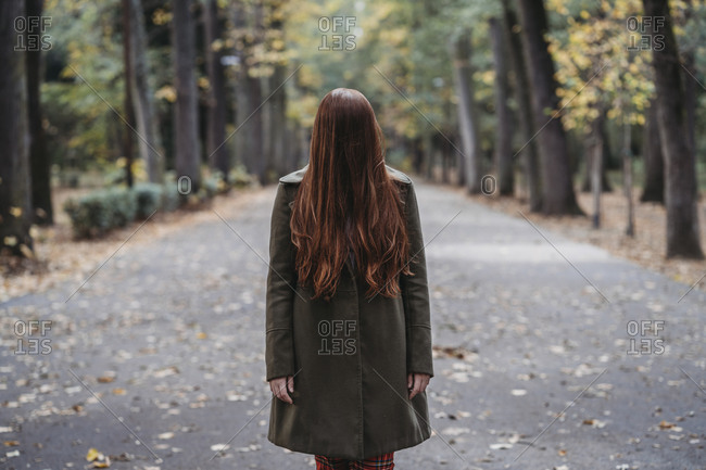 Young woman with long red hair covering her face in autumn park, portrait
