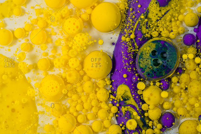 Abstract background of multiple bright yellow and purple bubbles of oil in liquid
