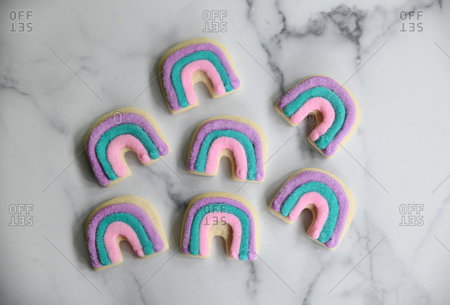 Rainbow sugar cookies topped with sugar