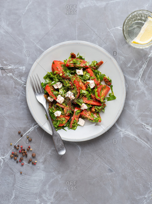Tomato salad with fresh and sun dried tomatoes, herbs and cheese over gray background